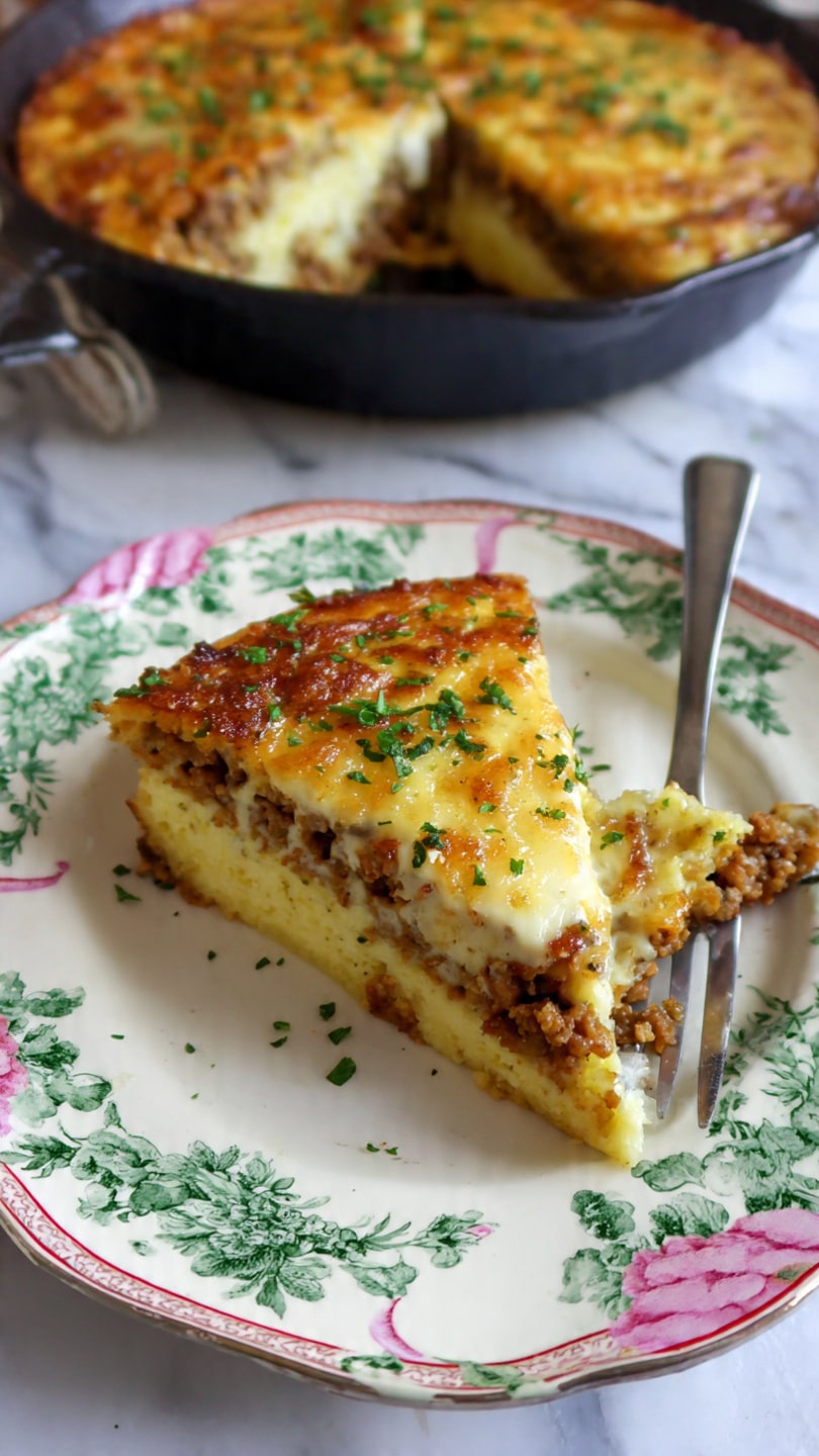 A thick, triangular slice of a baked dish is placed on a white plate with green and pink floral patterns. The slice has three visible layers: the bottom layer is a pale yellow crust, the middle layer looks crumbly and brown with bits of ground meat, and the top layer is golden brown with melted cheese that has a slightly crispy texture. A silver fork is holding a small piece from the edge of the slice. In the background, there is a black cast iron pan with the rest of the dish, showing a missing section where the slice was taken out. The surface below the plate is a white marbled texture. Photo taken with an iphone --ar 4:5 --v 7