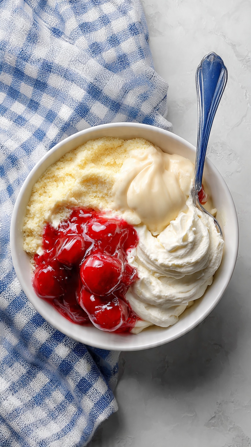 In a white bowl placed on a white marbled surface with a blue and white checkered cloth nearby, there are four visible layers arranged side by side. Starting from the left, the first layer is a pale yellow, crumbly texture that looks soft and moist. Next to it is a smooth, creamy layer with a light beige color partially blending into the first. The third layer is fluffy, white whipped cream with soft swirling patterns. The last layer on the right contains bright red cherry fruit topping with a glossy syrupy texture, some of which slightly mixes into the whipped cream. A blue spoon is partially immersed in the cherry topping. Photo taken with an iphone --ar 4:5 --v 7