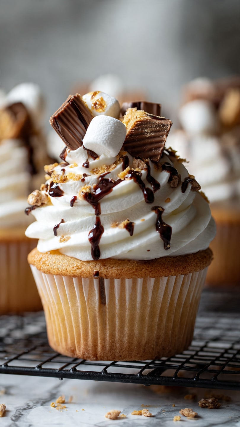 A close-up view of a cupcake with one main layer of light brown cake in a light brown paper liner at the base, topped with a thick layer of white whipped cream swirled smoothly with soft curves, drizzled with dark brown chocolate sauce in thin lines and drops. On top, there are small white marshmallows and pieces of chocolate bars with textured surfaces as decoration, along with some small golden crumb bits scattered over the cream. The cupcake is placed on a black cooling rack over a white marbled surface. Photo taken with an iphone --ar 4:5 --v 7