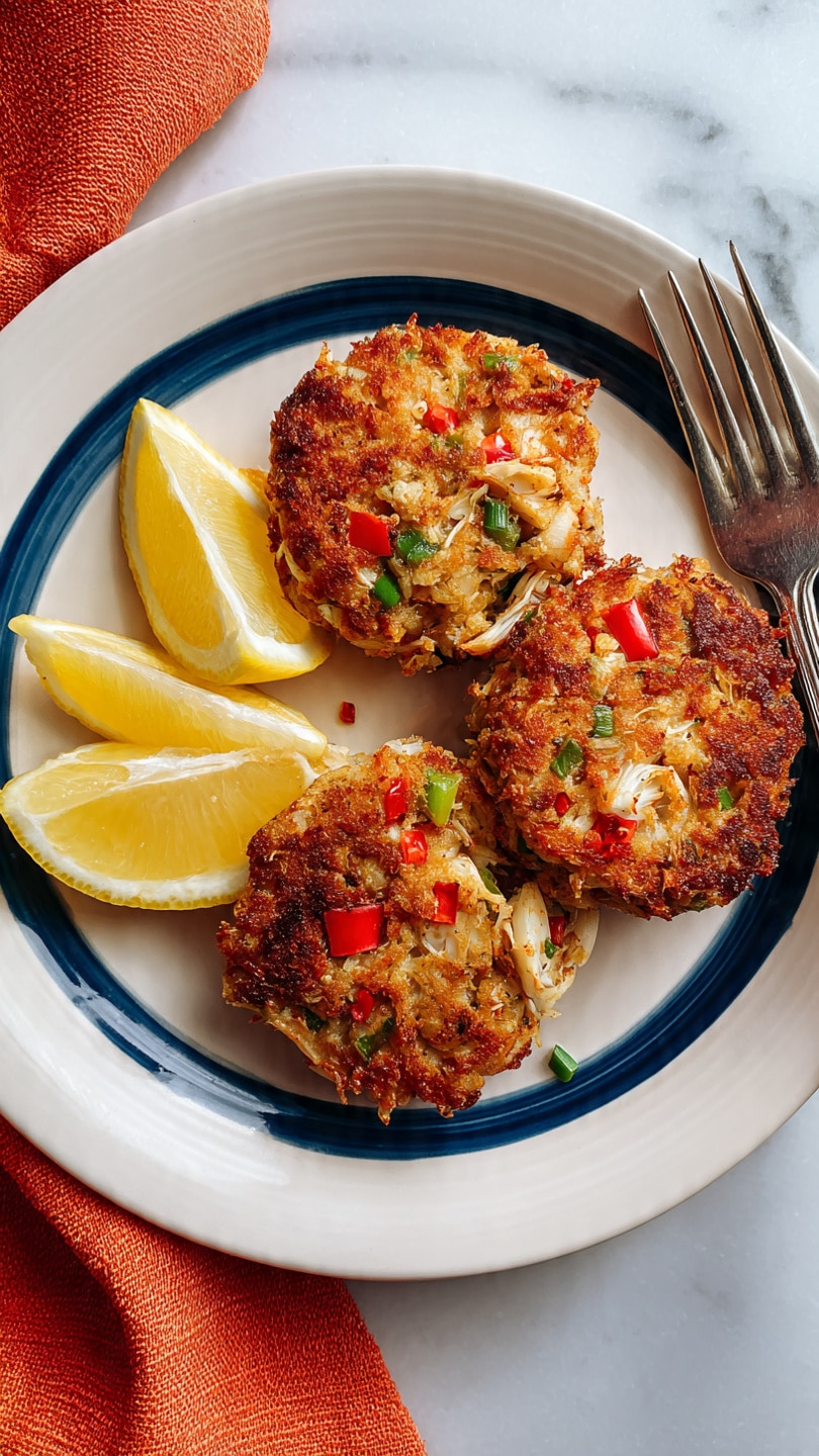 Three brown, crispy crab cakes with visible green and red pepper pieces and white onion bits are placed on a white plate with a solid blue circle in the center. On the left side of the plate are three lemon wedges, with a silver fork resting on the right edge of the plate. The plate sits on a white marbled surface and a corner of an orange cloth is visible in the top right corner. Photo taken with an iphone --ar 4:5 --v 7