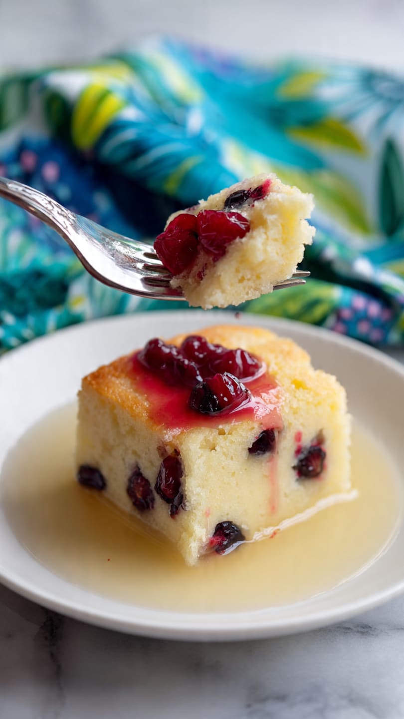 Two square layers of soft yellow cake with bright red berries baked inside are stacked on a white plate. The top layer has a small square of pale yellow butter melting in the center. The red berries inside the cake add a moist texture and dark red spots. The plate sits on a wooden surface with a blue and green patterned cloth in the background. Photo taken with an iphone --ar 4:5 --v 7