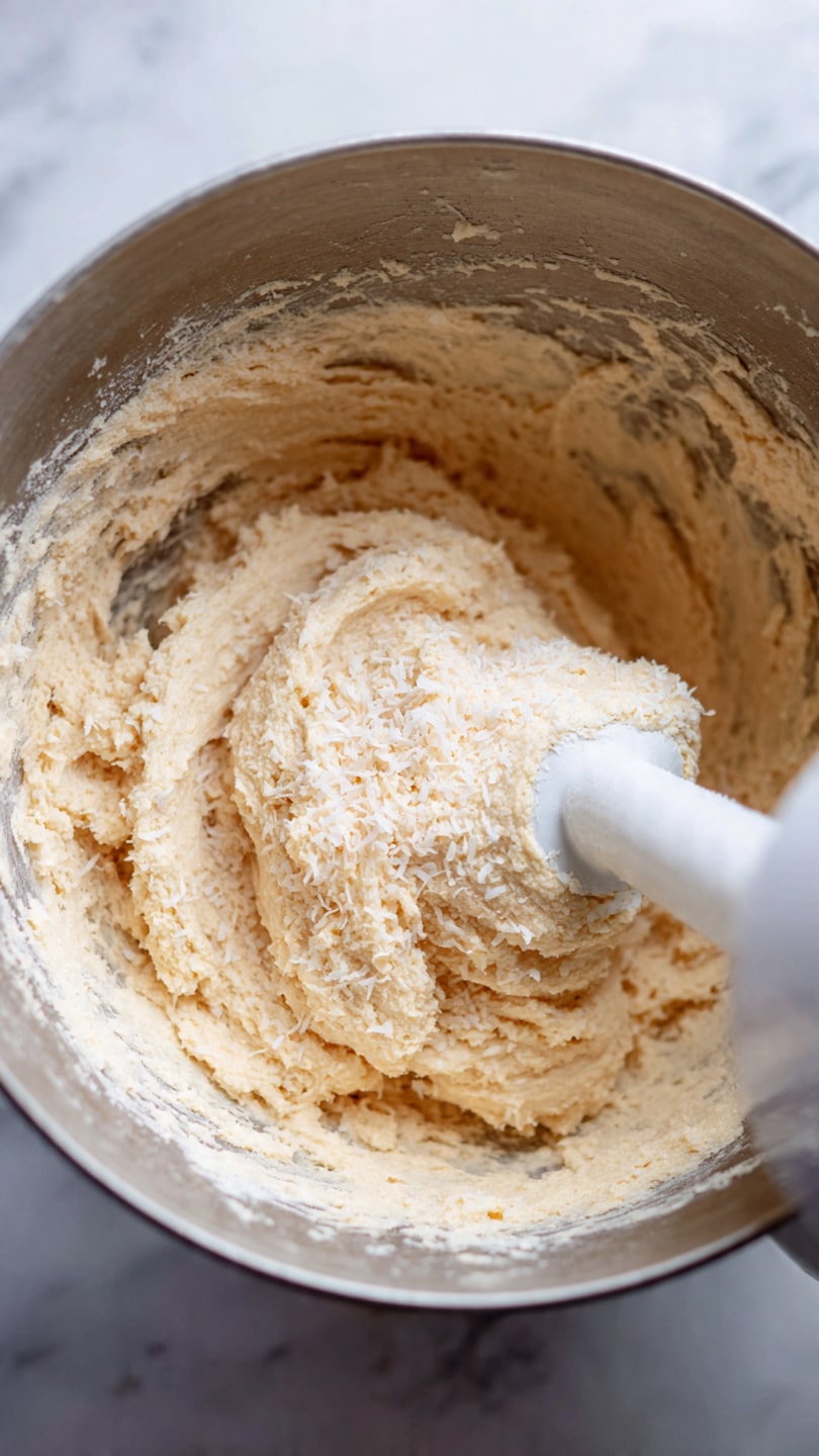 A close-up view inside a large steel mixing bowl filled with a creamy, light brown dough with a smooth texture, mixed partially with a layer of shredded toasted coconut that is white with golden brown edges, sitting on top of the dough. The dough clings to the white mixing paddle attached to a stand mixer, with some dough residue spread around the inside edge of the bowl. The background and surface under the bowl are a white marbled texture. photo taken with an iphone --ar 4:5 --v 7