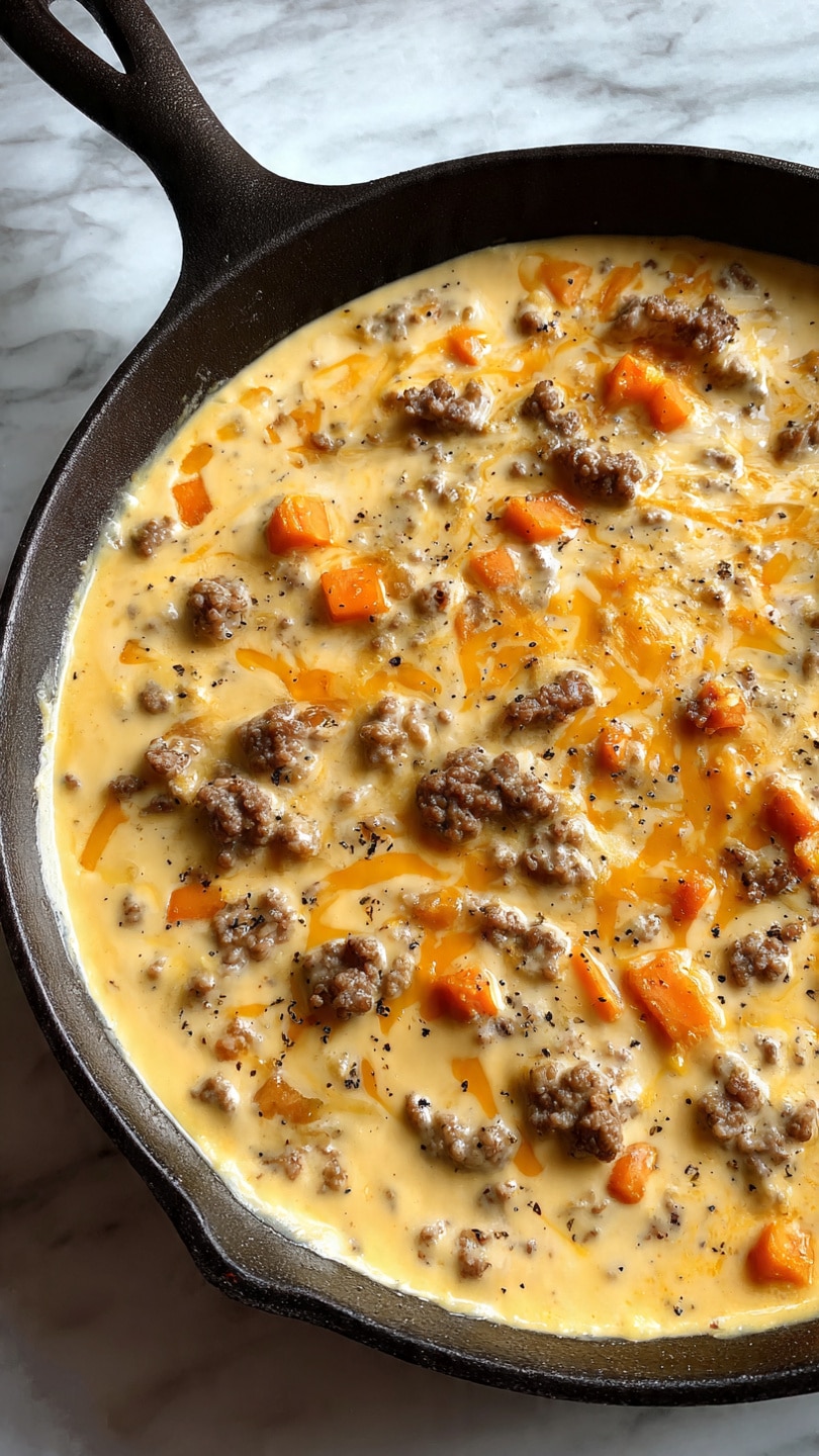 A close-up view of a thick omelette cooked in a black cast iron skillet with two side handles. The omelette surface shows a mix of golden yellow and orange melted cheese with some darker browned spots and small bits of browned meat scattered throughout. The texture is slightly bubbly and firm with an uneven, natural look from cooking. The skillet sits on a smooth black surface. photo taken with an iphone --ar 4:5 --v 7