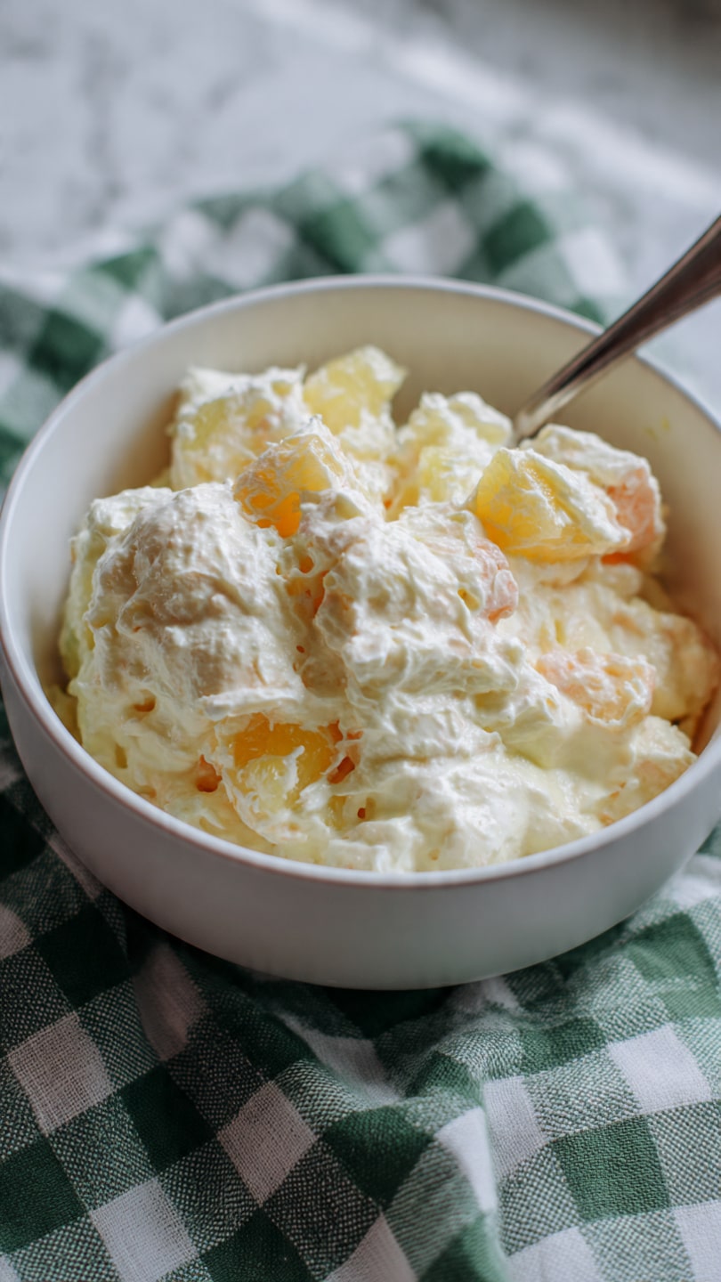 A close-up view of a creamy fruit salad in a white bowl, showing a thick, whipped texture with soft, pale yellow and off-white colors mixed throughout. There are small chunks of light yellow fruit embedded in the creamy base, giving it a textured, chunky look. A metal spoon is partially inserted on the right side, resting inside the bowl. The bowl sits on a green and white checkered cloth, which is placed on a white marbled surface. photo taken with an iphone --ar 4:5 --v 7