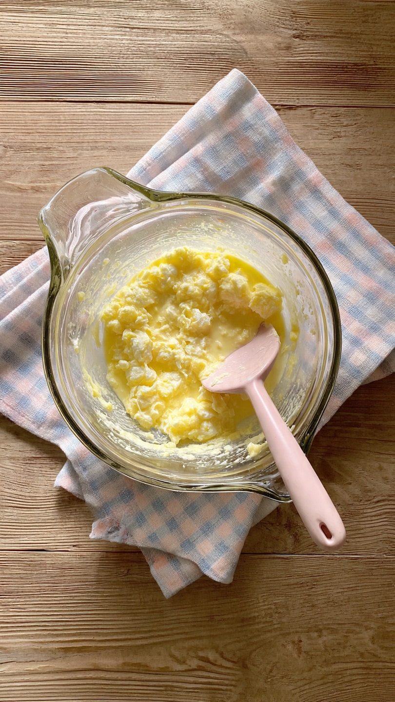 A clear glass mixing bowl containing a light yellow, chunky textured mixture with some small liquid parts, resting on a white and light blue checkered cloth over a wooden surface. Inside the bowl, a pale pink spatula is partially immersed in the mixture, positioned slightly to the right. The bowl has a clear handle on the left side, and the top edge of the bowl reflects light softly. photo taken with an iphone --ar 4:5 --v 7