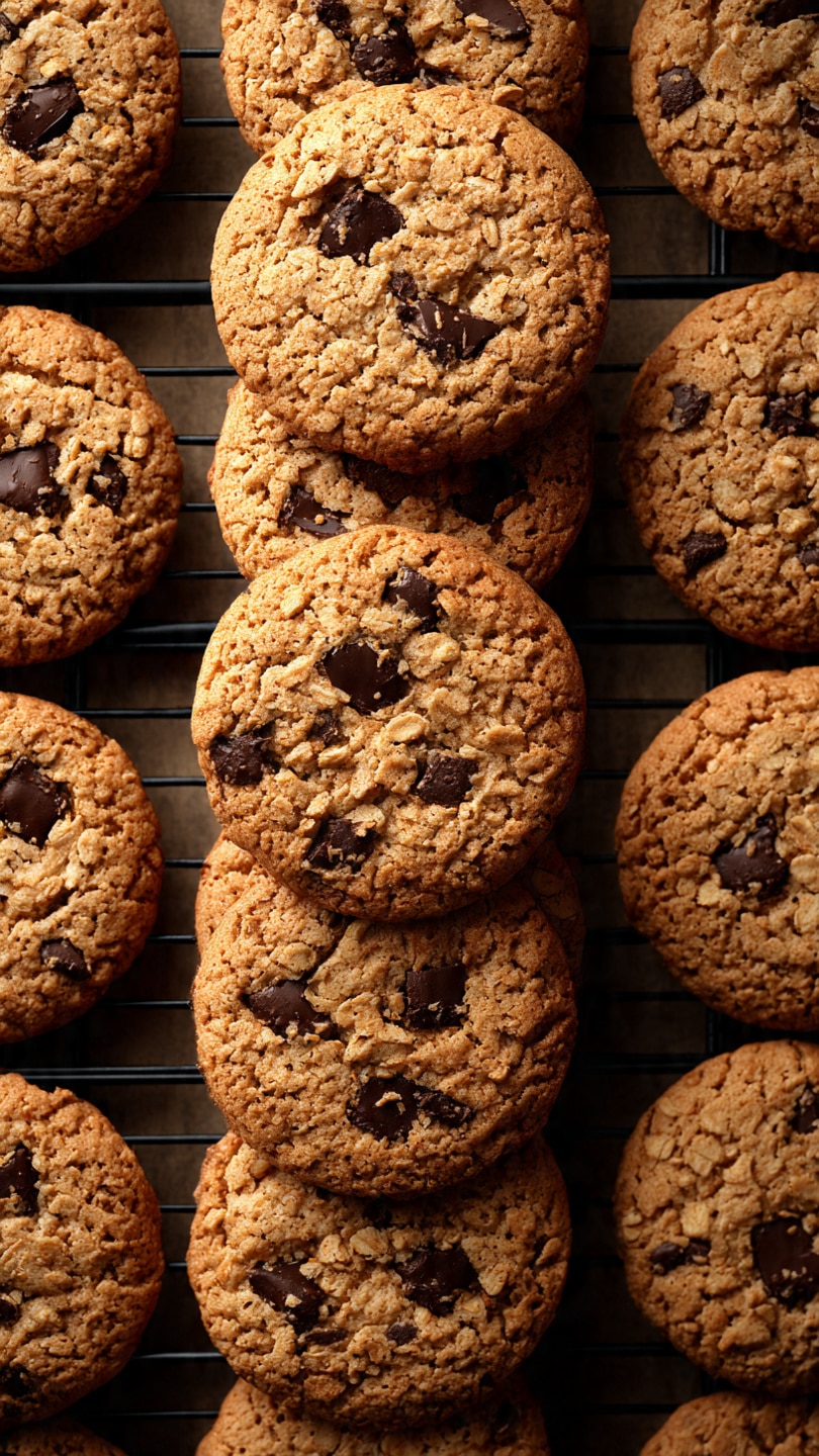 A pile of round, golden-brown cookies with a slightly rough texture sits on a white plate with a blue center, which rests on a white cloth with floral patterns and a wooden surface underneath. The cookies have small chunks of nuts or oats visible, giving them a crunchy look. The cookies are stacked in layers, with some overlapping each other, showing their uneven edges and soft centers. The overall scene is warm and cozy with natural light enhancing the cookies' color and texture photo taken with an iphone --ar 4:5 --v 7
