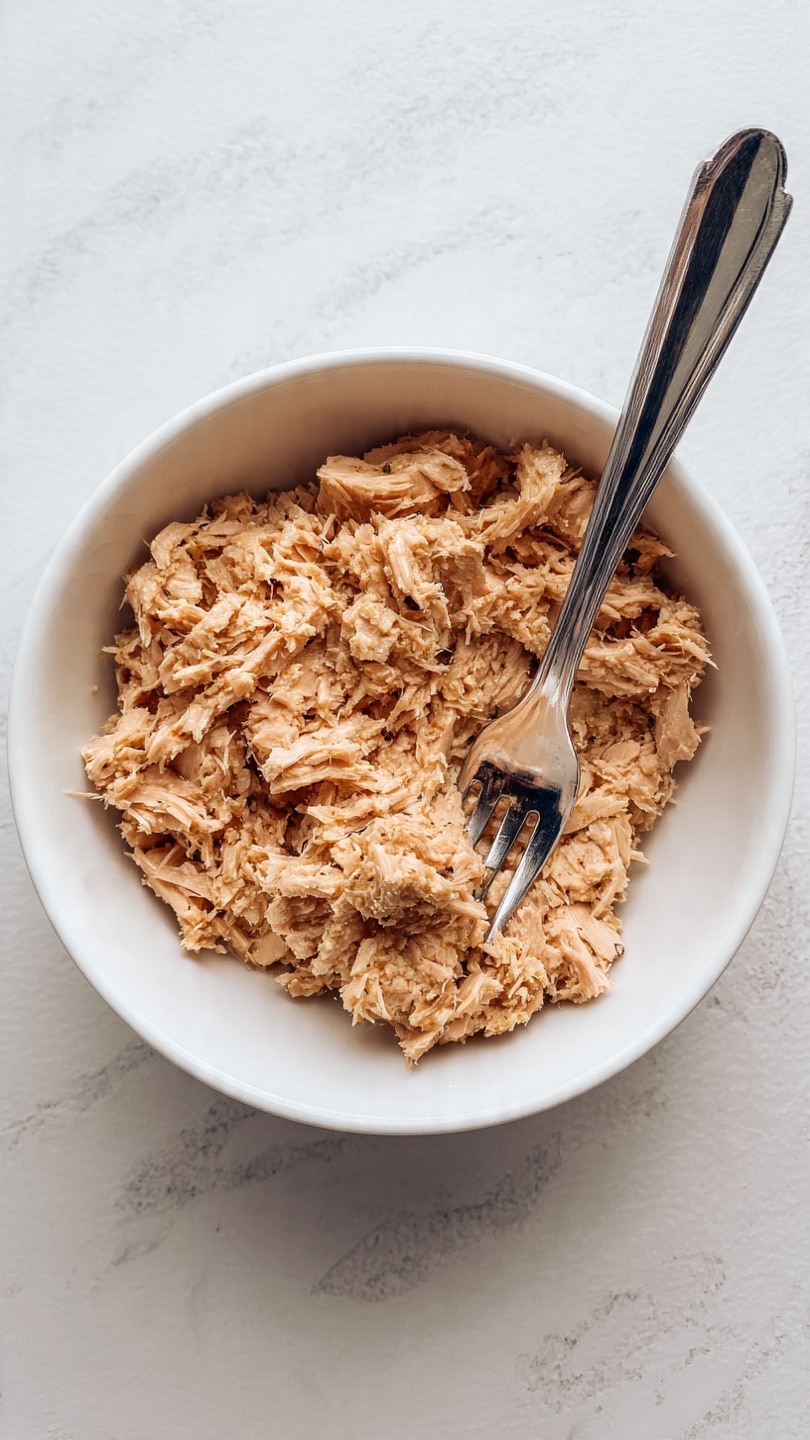 The image shows a white bowl filled with light brown shredded tuna mixed with small bits of seasoning, giving it a slightly uneven texture. A shiny silver fork is resting inside the bowl on the right side, with its tines partly submerged in the tuna. The bowl sits on a flat white marbled surface, giving a clean and simple look. Photo taken with an iphone --ar 4:5 --v 7