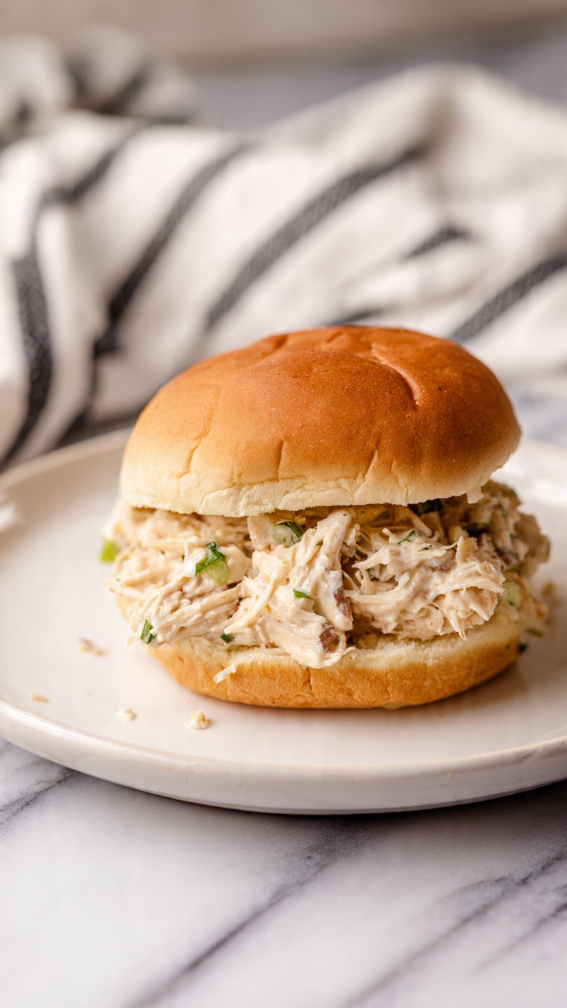 A sandwich on a light golden brown bun with two parts: the top is smooth and round, the bottom is soft and plain. Between the bun is a layer of creamy shredded white and light yellow chicken mix that looks soft and a little wet, with small bits of herbs or seasoning visible. The sandwich sits on a white plate with a subtle light brown rim, placed on a white marbled surface. Behind the plate, there is a striped cloth in white and black, softly folded. Photo taken with an iphone --ar 4:5 --v 7