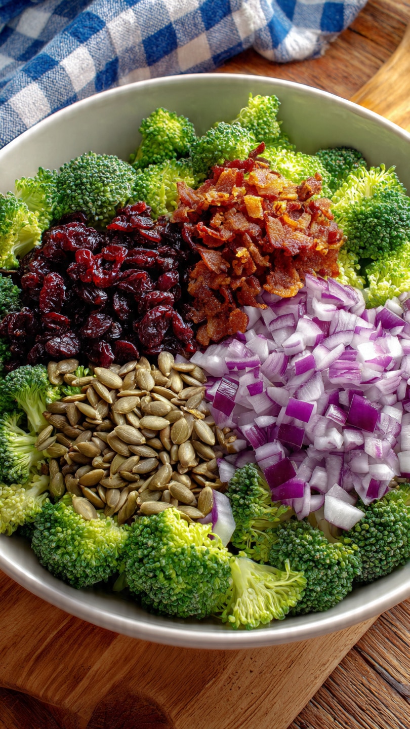 A white bowl filled with a fresh broccoli salad sits on a white marbled surface, topped with bright green broccoli florets mixed with small chopped purple onion pieces, dark brown raisins, and crispy, reddish-brown bacon strips scattered evenly on top. The salad is lightly coated with a creamy dressing that adds a slight shine to the ingredients. In the background, a blue and white checkered cloth is partially visible, adding a cozy touch. The wood surface under the bowl contrasts softly with the white marbled texture, creating a warm and appetizing setting photo taken with an iphone --ar 4:5 --v 7