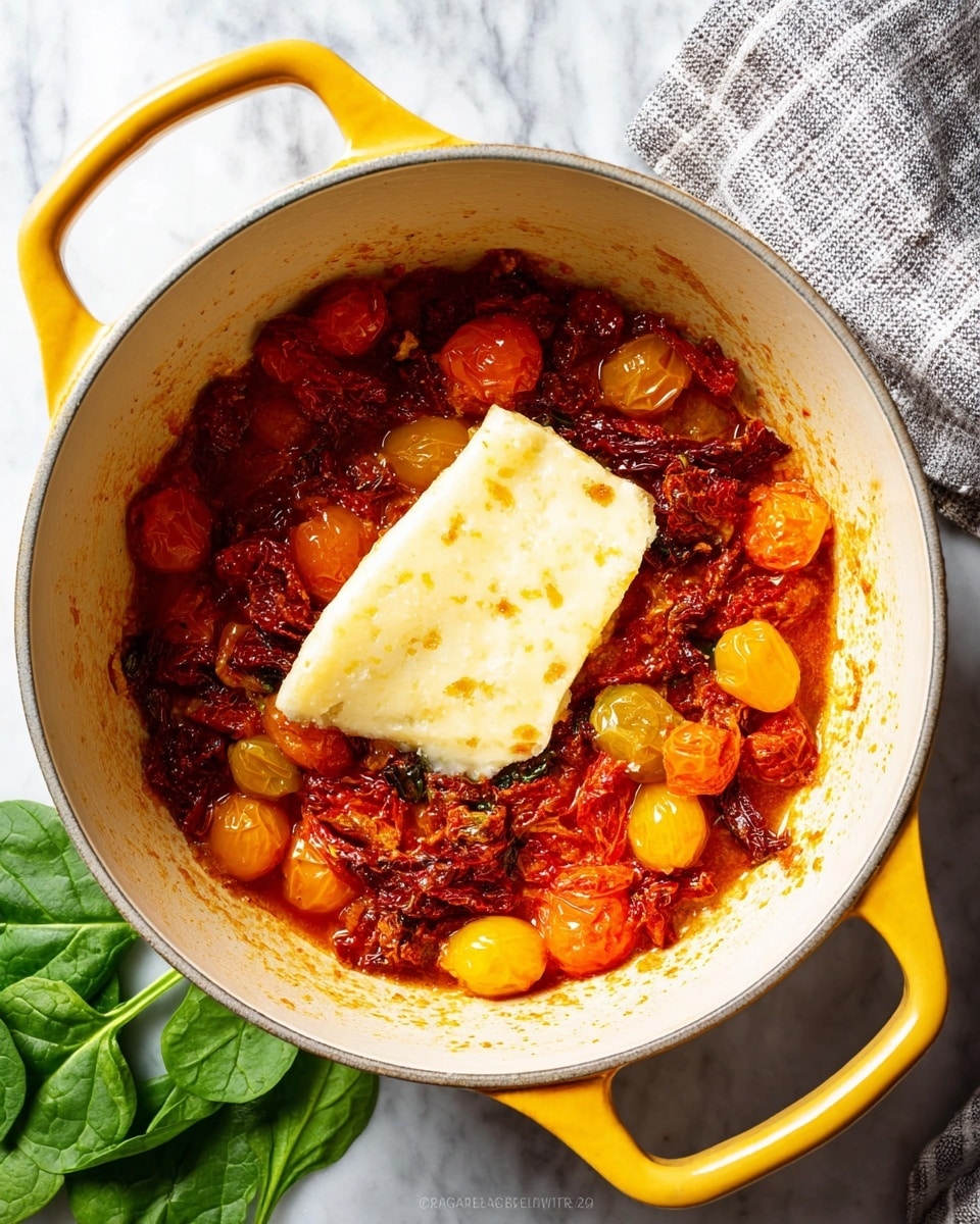 A yellow pot with white inside holds a mix of sun-dried tomatoes and yellow and red cherry tomatoes cooked down into a chunky sauce. On top, there is a large triangle piece of pale yellow cheese resting in the middle. The sauce shows rich textures with wrinkled, deep red sun-dried tomatoes and softer, shiny cherry tomatoes in bright yellow and red. The pot is set on a white marbled surface with some green spinach leaves nearby and a gray and white checkered cloth in the top right corner. photo taken with an iphone --ar 4:5 --v 7