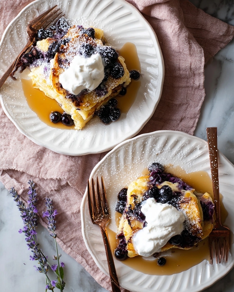 The image shows a close-up of a layered dessert with three main parts: torn pieces of soft, light golden bread with a slightly crisp crust, scattered fresh blue and shiny blueberries, and dark purple blueberry sauce glistening over the bread, creating rich, juicy patches. The bread pieces are irregular in shape and spread evenly under and around the plump blueberries, with the sauce pooling mostly on top and between the bread chunks, adding a glossy texture. The background is a white marbled texture. photo taken with an iphone --ar 4:5 --v 7