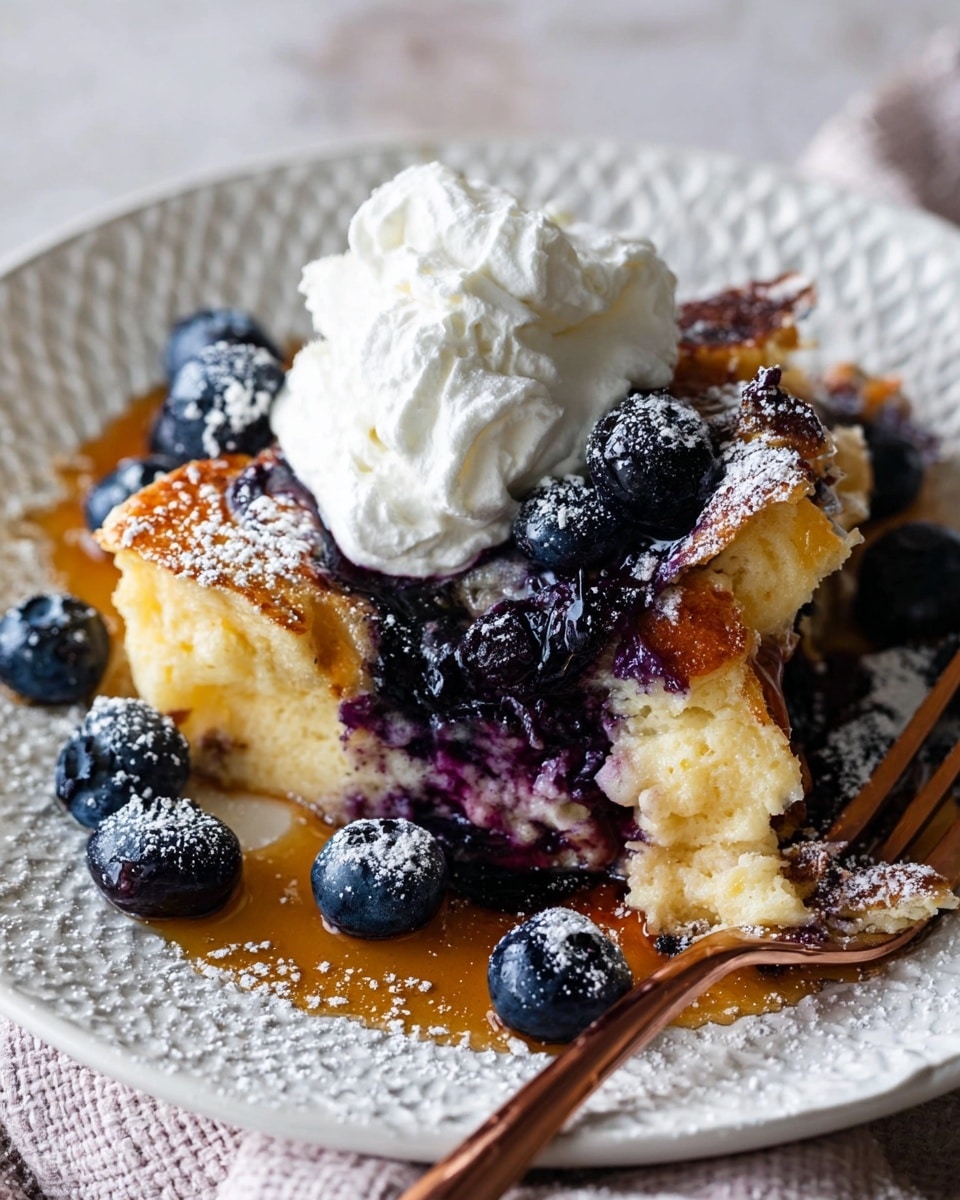 The image shows a close-up of a white decorative plate with a piece of blueberry pancake on it. The pancake has three main layers: a golden brown and fluffy bottom layer, a middle layer filled with dark purple cooked blueberries, and a slightly crispy golden top layer. On top of the pancake is a dollop of white whipped cream melting slowly. Around the pancake on the plate are some fresh blueberries and drizzles of amber syrup. The pancake and blueberries are sprinkled with white powdered sugar, adding a light dusting to the surface. A rose gold fork rests at the edge of the plate, and the whole scene is set against a white marbled textured background. Photo taken with an iphone --ar 4:5 --v 7
