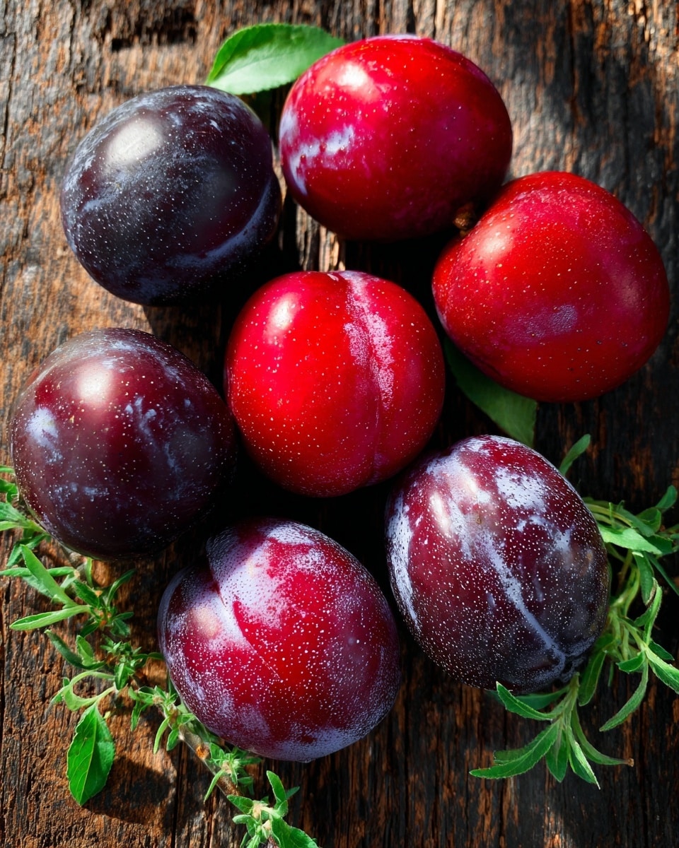 This image shows eight whole plums placed on a rough, brown wooden surface with some green herb sprigs scattered around them. There are two colors of plums: five are dark purple with white speckles and three are bright red with small white dots. The shiny skins of the plums reflect light, making them look fresh and ripe. The plums and herbs cast soft shadows on the wooden surface, adding depth and contrast to the image. photo taken with an iphone --ar 4:5 --v 7