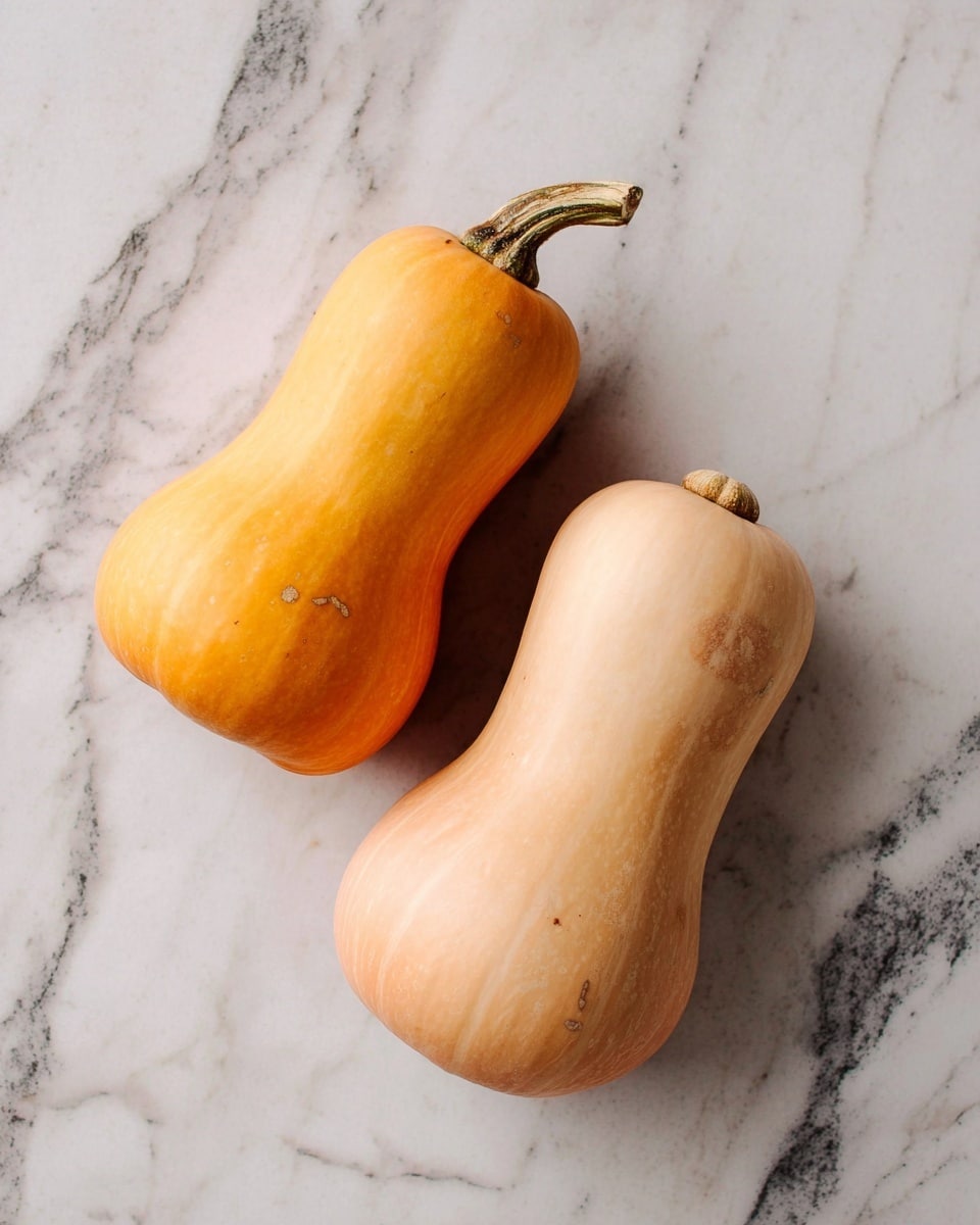 Two butternut squashes rest on a white marbled surface with gray and black veins. The squash on the left is shorter with a darker orange color and a small brown stem angled upward, while the squash on the right is longer, lighter with pale spots, and a similar brown stem tilted to the side. The lighting softly highlights the smooth, matte texture of both squash. photo taken with an iphone --ar 4:5 --v 7