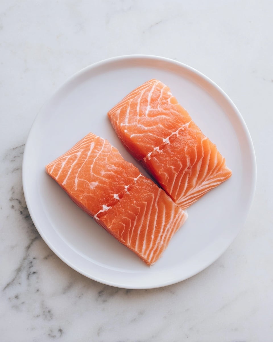 A white round plate holds two pieces of raw salmon fillet placed side by side. Each piece has a smooth, slightly shiny surface with visible light pink and orange layers and white fat lines running diagonally across the flesh. The plate rests on a white marbled surface, adding subtle texture to the simple and clean presentation. photo taken with an iphone --ar 4:5 --v 7