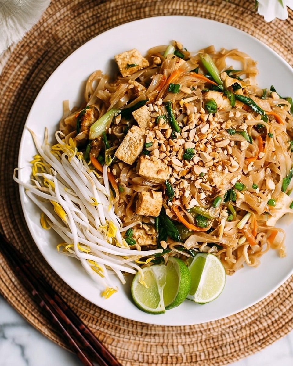 A white oval plate holds a large serving of stir-fried flat noodles mixed with pieces of light brown cooked chicken and scattered green leafy vegetables. The noodles and chicken are topped with crushed peanuts, adding a textured, light tan layer. On the right side of the plate, there is a small pile of white bean sprouts, and two green lime wedges placed on the top left and middle bottom edges add color contrast. The plate sits on a woven mat over a white marbled surface. Around the main plate are three small white bowls containing golden-brown dried shrimp, orange pickled vegetables, and light tan chopped peanuts. A woman's hand is visible on the right edge near a silver fork and wooden chopsticks. Photo taken with an iphone --ar 4:5 --v 7
