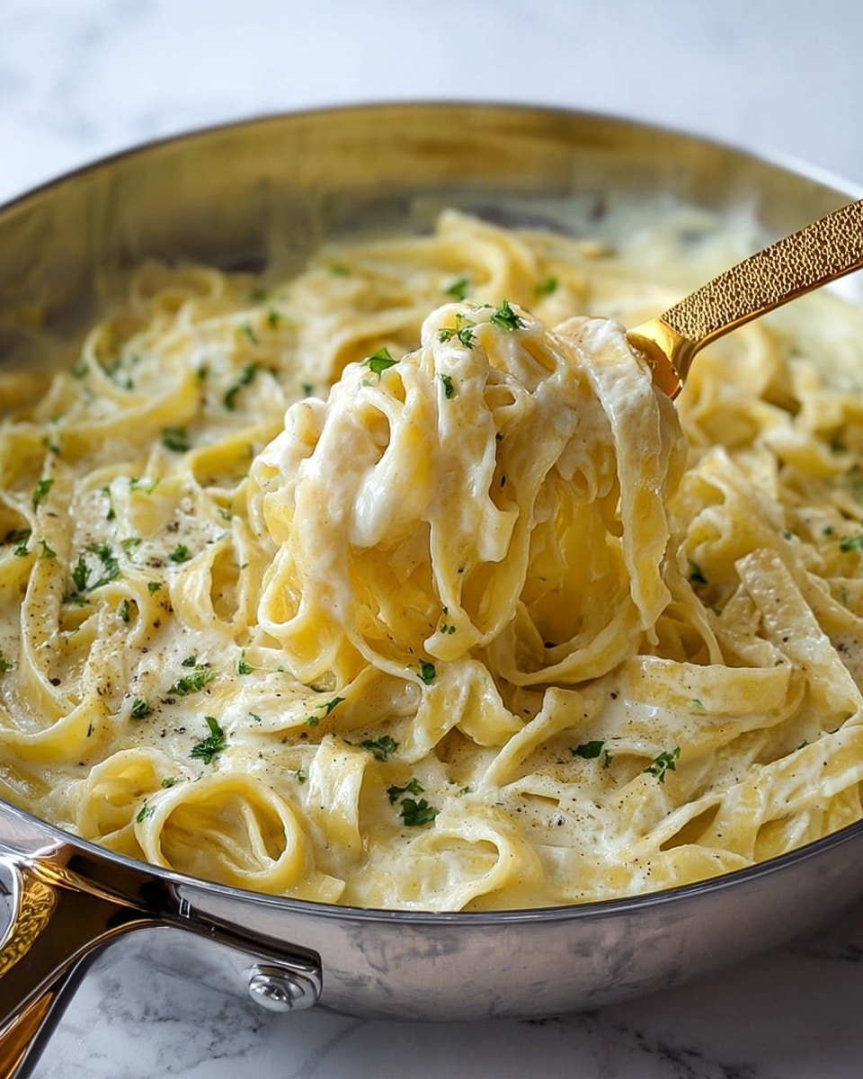 A close-up of white fettuccine noodles in a shallow stainless steel pan, fully covered in creamy, light yellow Alfredo sauce. The sauce is smooth and thick with small bubbles, showing a rich texture. Green herbs are sprinkled over the top, adding a fresh contrast to the creamy sauce. The noodles are soft and slightly curled, layered evenly under the sauce in the pan. The pan sits on a white marbled surface with a dark brown cloth underneath one side. Photo taken with an iphone --ar 4:5 --v 7