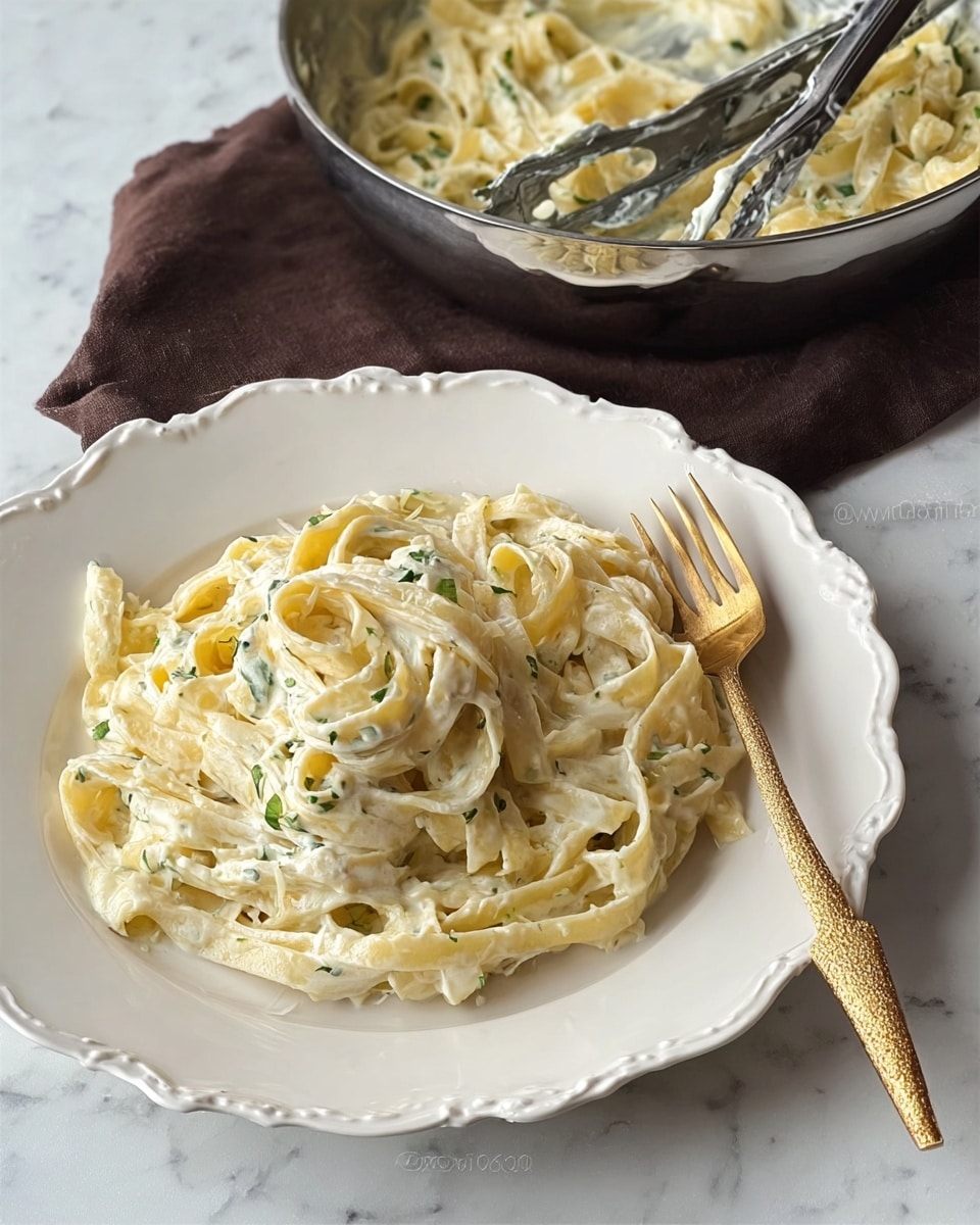A close-up view of creamy fettuccine pasta in a silver pan with a shiny handle. The pasta is covered in a thick, pale yellow sauce with a smooth and creamy texture. Sprinkled lightly on top are small cuts of green herbs, adding a fresh touch. A gold fork with a textured grip is lifting some pasta off the pan, showing the soft, flat noodles twisted around it. The background is a white marbled texture. photo taken with an iphone --ar 4:5 --v 7