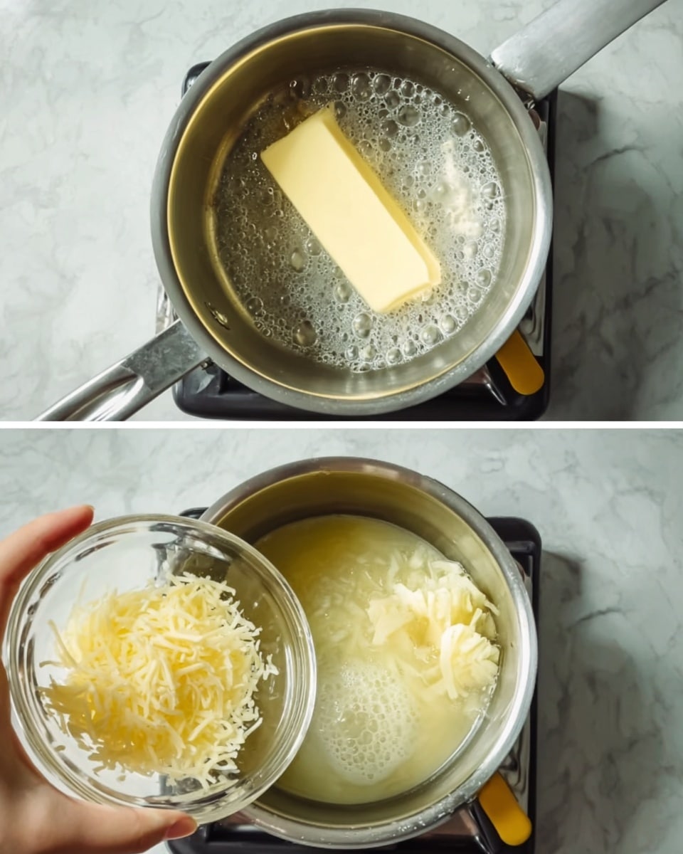 The image shows two metal pots on a stove with a yellow and white burner under each. In the first pot, a light yellow stick of butter is melting, surrounded by foamy bubbles inside the shiny silver pot. In the second pot, the butter is partially melted with foam around it, and a woman's hand is holding a small clear bowl filled with shredded pale yellow cheese, ready to pour it into the pot. The background is a white marbled texture. photo taken with an iphone --ar 4:5 --v 7