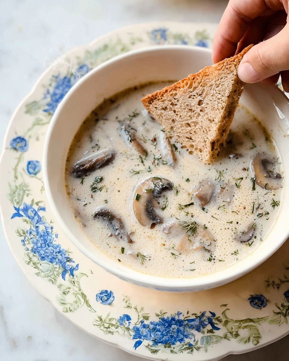 A white bowl filled with creamy mushroom soup showing light beige broth with visible slices of mushrooms in pale brown and bits of herbs in green floating throughout. A woman's hand is dipping a triangular piece of light brown bread with a soft, textured crumb into the soup. The bowl sits on a white plate decorated with blue and green floral patterns. The background is a white marbled surface. photo taken with an iphone --ar 4:5 --v 7