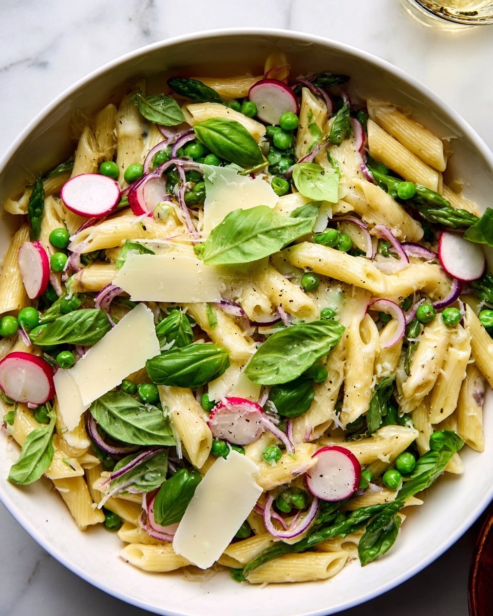 This image shows a white round dish filled with a mixed pasta salad. The base layer is penne pasta with a pale yellow color, scattered with bright green peas and asparagus tips. On top of this, there are fresh, dark green basil leaves and thinly sliced radishes with white centers and red edges. Thin rings of purple-red onion are also spread through the salad. There are large, flat shavings of light yellow cheese evenly layered on top, adding texture and contrast. The dish sits on a white marbled surface, with a glass partially visible to the upper right corner. The lighting highlights the fresh and vibrant colors of the salad, giving it a fresh look. photo taken with an iphone --ar 4:5 --v 7