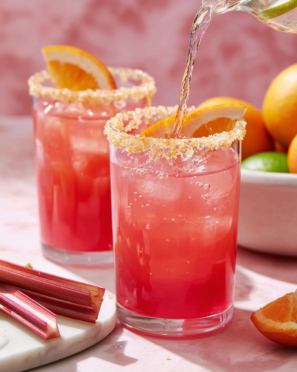 Two tall glasses hold a bright pink drink with ice cubes and orange slices inside. Each glass has a thick rim coated with coarse sugar. In the front glass, a clear liquid is being poured, causing bubbles on the surface. The glasses sit on a white marbled surface with pieces of rhubarb on a white cutting board in the bottom left corner and a white bowl holding whole oranges and a lime blurred in the background. The color palette is warm with pink, orange, and red tones, and the background is soft pink. Photo taken with an iphone --ar 4:5 --v 7