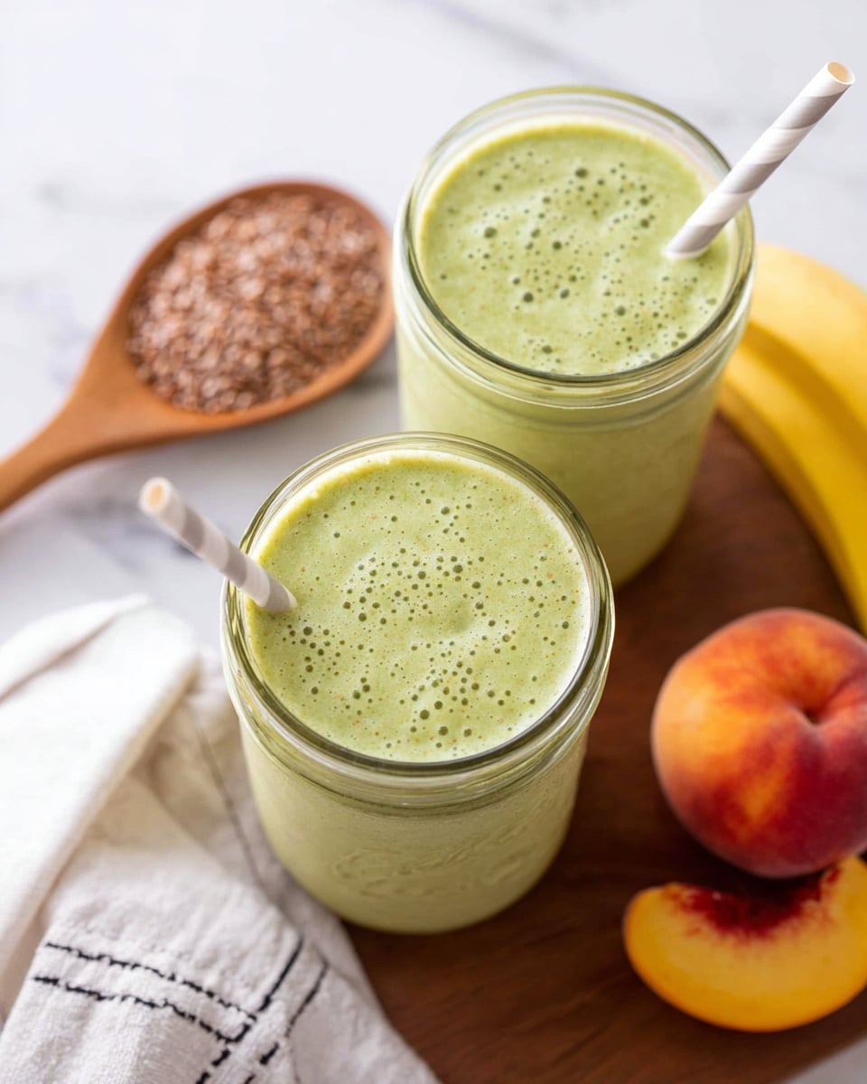 A clear glass jar filled with a smooth light green smoothie, with a white and gray striped paper straw inside it, standing on a white marbled surface. Behind the jar, there is a white bowl with green leaves, a bunch of yellow bananas and a ripe peach with a fuzzy skin. A wooden spoon with light brown powder lies on the surface beside the peach, and a white cloth with black lines is partly visible in the bottom left corner. Photo taken with an iphone --ar 4:5 --v 7