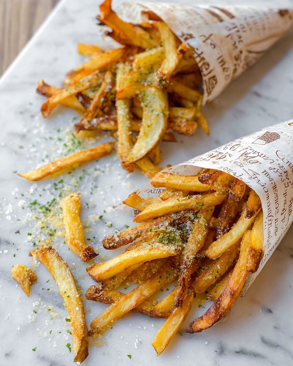 A large silver bowl filled with a pile of golden to light brown fries with some darker crispy edges, sprinkled evenly with small pieces of green herbs and white salt crystals. The fries show some skin on their sides and have a slightly rough texture. The bowl rests on a wooden surface, but the background should appear as white marbled texture. photo taken with an iphone --ar 4:5 --v 7