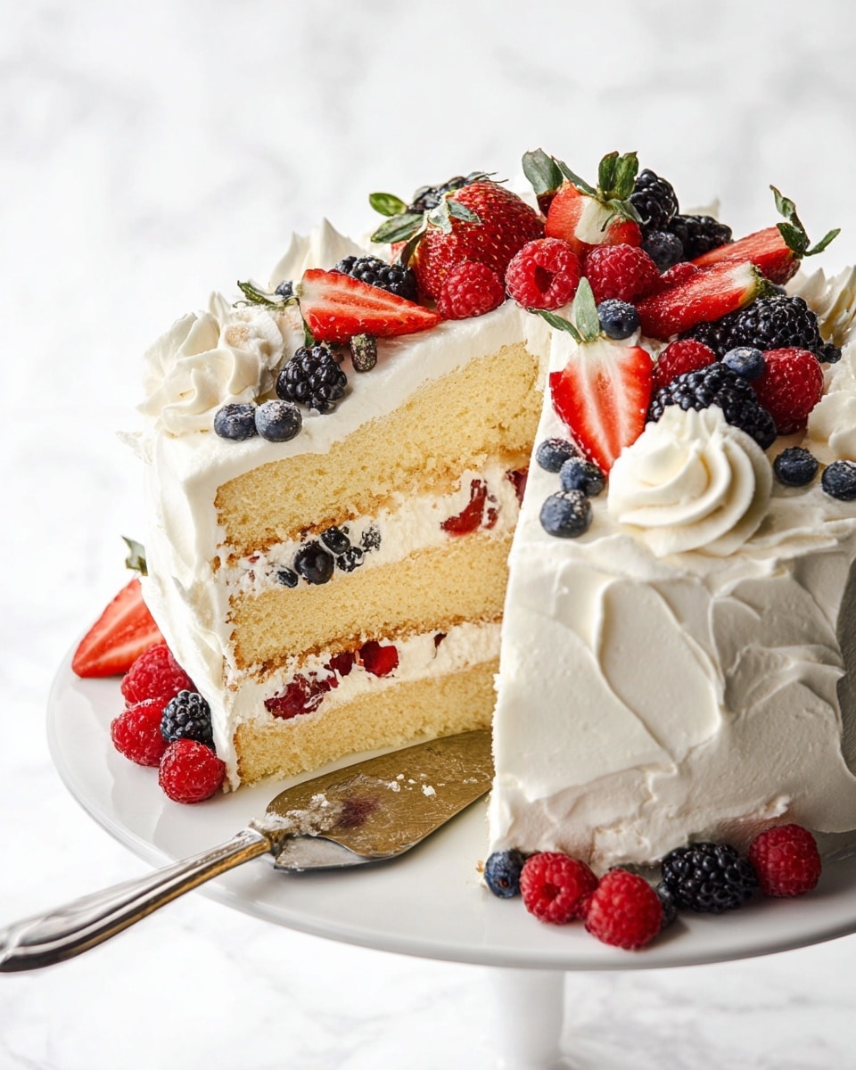 The image shows a tall cake with three layers, each covered in smooth white cream. The cream looks soft and thick with some swirls on the sides. On top of the cake are different berries: whole strawberries, blueberries, blackberries, and raspberries, with some cream swirls between them. Around the base of the cake on a white plate, there are also strawberries and other berries placed for decoration. The scene is set on a white marbled surface with a wooden bowl filled with more berries slightly blurred in the background. photo taken with an iphone --ar 4:5 --v 7