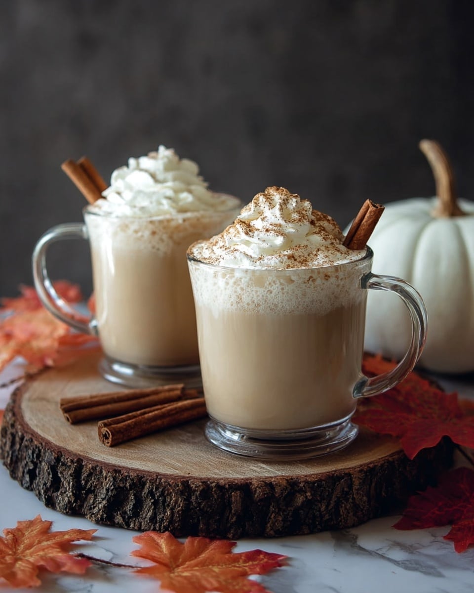 A clear glass mug sits on a wooden surface with a light brown drink filled nearly to the top, showing a smooth and creamy texture. On top, there is a thick layer of white whipped cream sprinkled with brown cinnamon powder. A whole cinnamon stick rests on the right side, partly submerged in the whipped cream. In the background, another glass mug with the same drink and whipped cream can be seen slightly out of focus, alongside a small white pumpkin and a couple of cinnamon sticks scattered on the wooden surface. Photo taken with an iphone --ar 4:5 --v 7