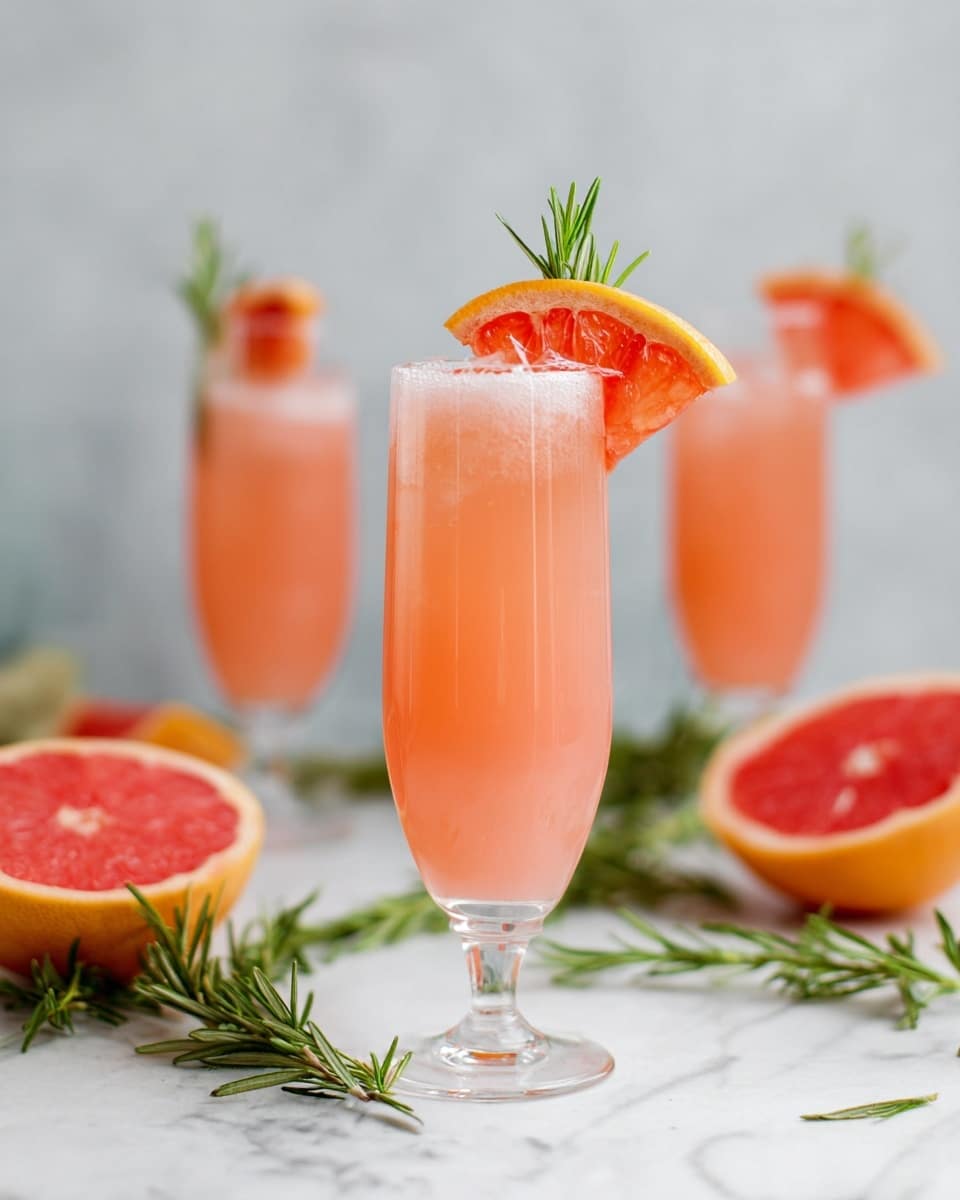 A tall, clear glass filled with a light pink frothy drink is shown in the center, with a thin slice of bright pink grapefruit on the rim and a sprig of fresh green rosemary inside the drink. In the background, there are two more identical glasses with the same pink drink and grapefruit slice, slightly blurred. Around the glasses, on a white marbled surface, there are halves of pink grapefruit and some sprigs of green rosemary scattered. The overall look is fresh and bright. photo taken with an iphone --ar 4:5 --v 7