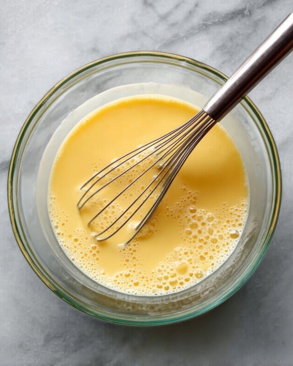 A clear glass bowl filled with a smooth yellow liquid mixture, with slight froth on the surface. A silver whisk is placed inside the bowl, resting at an angle with the handle pointing outwards. The bowl is set on a white marbled surface, highlighting the contrast of the pale yellow mixture. The textures show a glossy and creamy look, with bubbles scattered lightly on top. photo taken with an iphone --ar 4:5 --v 7