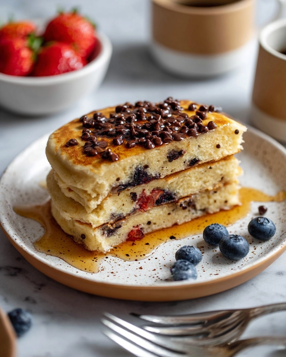The image shows a silver baking tray with a large square cake cut into nine smaller squares. The cake has a light golden color and is divided into three different topping sections: the top left section is sprinkled with small dark chocolate chips, the top right and middle right sections are decorated with whole blueberries scattered on top, and the bottom left section is covered with sliced red strawberries. The bottom right section has no toppings. The tray rests on a white marbled surface with scattered blueberries, chocolate chips, and a white bowl filled with fresh strawberries and another with blueberries, as well as a small white pitcher with dark sauce and a speckled white plate holding forks. photo taken with an iphone --ar 4:5 --v 7
