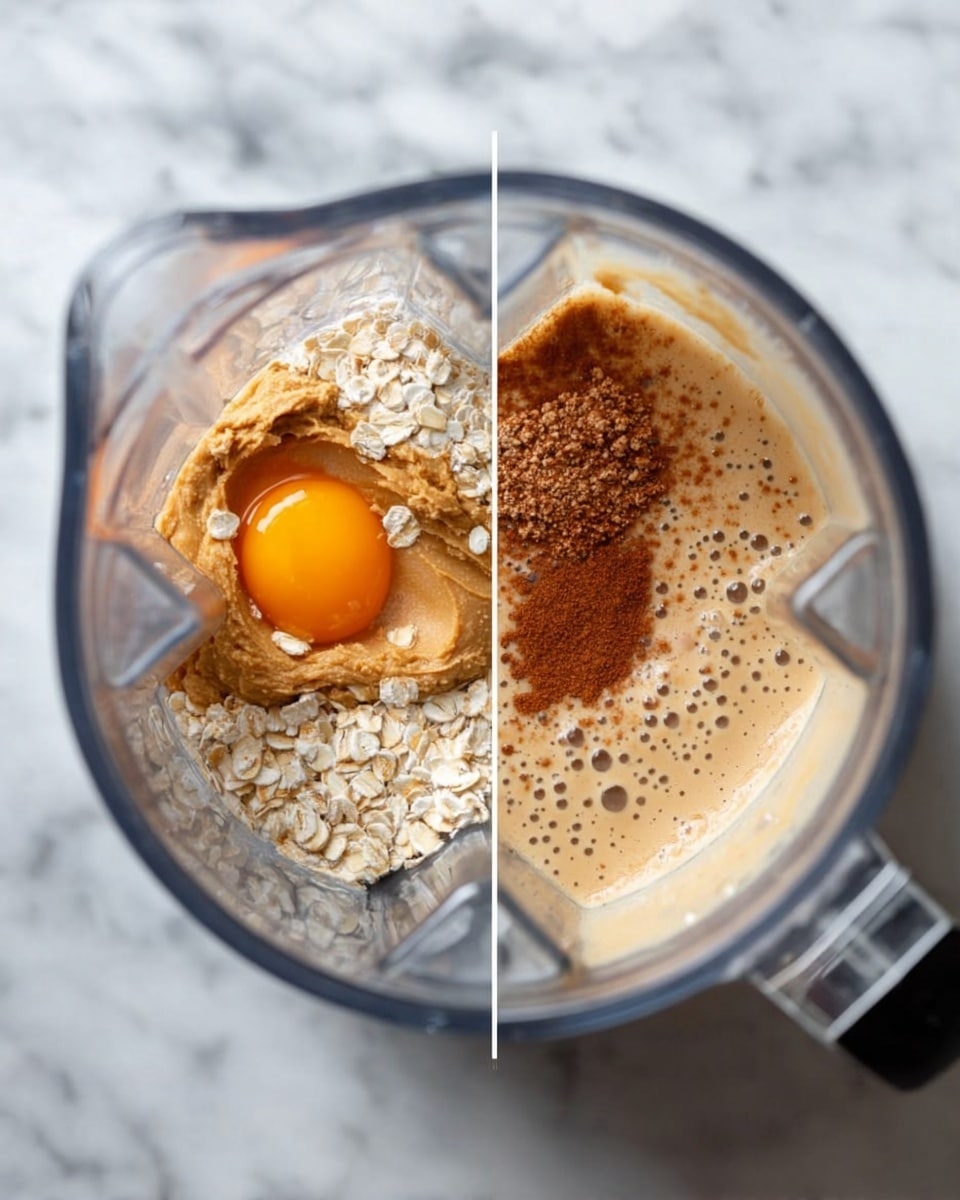 The image shows a top view of a transparent blender on a white marbled surface. On the left side, inside the blender, there are layers of ingredients: light brown peanut butter in the center, orange egg yolk in the bottom right, light beige oats in the bottom left, white liquid around the edges, and a sprinkling of brown cinnamon powder on top. On the right side, the blender is filled with a smooth, light tan mixture with small bubbles, showing that the ingredients have been blended. Photo taken with an iphone --ar 4:5 --v 7