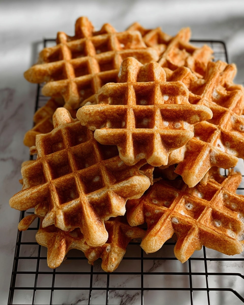 A tall stack of five golden-brown waffles with a crisp texture is placed on a white plate on a white marbled surface. The waffles are topped with round banana slices that have a soft, smooth texture, and small dark chocolate chips scattered on top and around the plate. Amber syrup is being poured over the waffles, slowly dripping down the sides and pooling slightly on the plate. Photo taken with an iphone --ar 4:5 --v 7