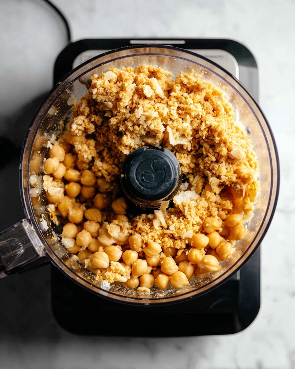 A clear food processor bowl filled with a single layer of crushed chickpeas in various sizes, showing a mix of whole round chickpeas and finer crumbles. The chickpeas are pale yellow and light brown, with a slightly coarse and uneven texture. The bowl sits on a black base with a white marbled surface beneath it, viewed from above, highlighting the contrast of colors and textures inside the processor. photo taken with an iphone --ar 4:5 --v 7