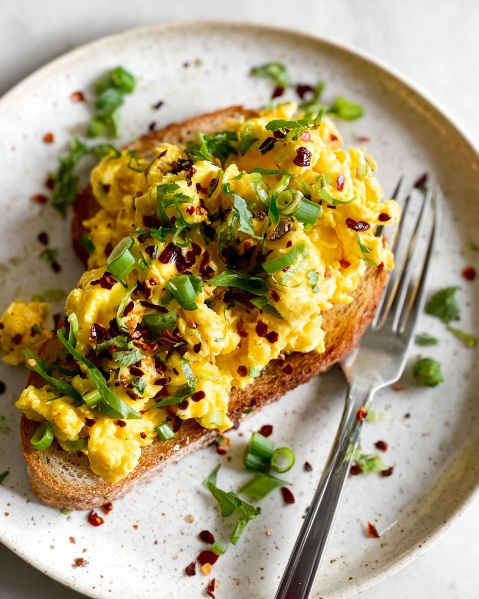 A white speckled plate on a white marbled surface holds one piece of lightly toasted bread at the bottom. On top, there is a thick layer of yellow scrambled eggs mixed with small bits of onions or similar ingredients. The eggs are topped with chopped green onions, bright green herbs, and scattered dark red chili flakes. Fresh green herbs and extra chili flakes are scattered around the toast on the plate. A silver fork rests on the right side of the plate. Photo taken with an iphone --ar 4:5 --v 7