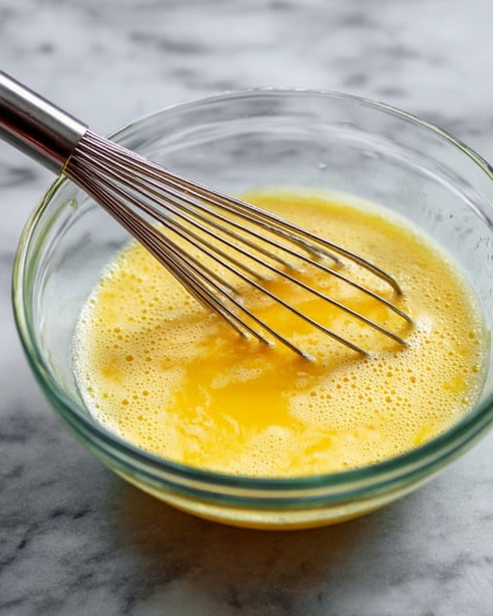 A clear glass bowl filled with yellow beaten eggs that have a slightly frothy texture on the surface. Inside the bowl, a metal whisk with thin wires is partially dipped into the eggs, showing motion as if stirring. The bowl sits on a white marbled surface, giving a clean and bright background. The overall image captures simple kitchen activity with soft natural light. photo taken with an iphone --ar 4:5 --v 7