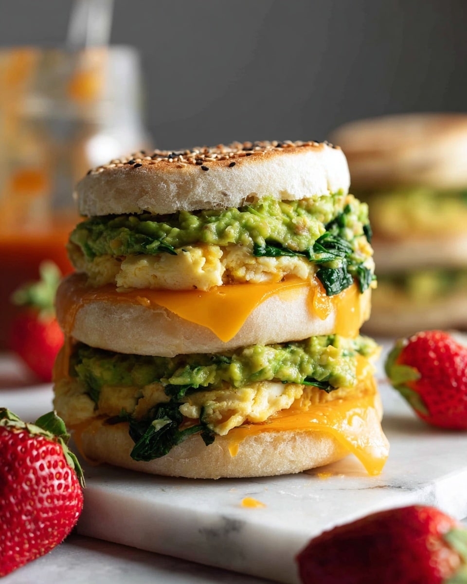 A tall sandwich stacked in layers on a white marbled surface, with the bottom layer a slightly toasted English muffin showing a soft, spongy texture and light golden-brown edges. On top of this muffin sits a layer of smooth, bright orange cheddar cheese that slightly melts over the sides. Next is a thick layer of scrambled eggs mixed with vibrant green spinach, showing a fluffy and textured look. Above the eggs is a chunky layer of bright green mashed avocado with a slightly rough texture. The sandwich is topped with the upper half of the English muffin, light golden brown with visible sesame seeds. Fresh strawberries are scattered in the foreground, and a blurred sauce bottle is in the background. photo taken with an iphone --ar 4:5 --v 7