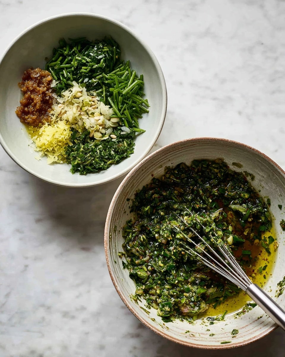 Two white bowls sit on a white marbled surface, each showing a different stage of making a green herb mixture. The left bowl has five distinct layers shaped in small piles: deep green chopped herbs, pale yellow lemon zest, finely chopped white garlic, a brown olive paste, and a light olive mixture, each with rough textures. The right bowl shows the blended result where all ingredients mixed into a shiny dark green herb sauce with a few yellow streaks of oil. A small metal whisk rests inside the bowl, partially submerged in the sauce. photo taken with an iphone --ar 4:5 --v 7