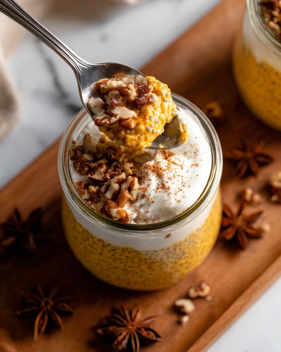 The image shows a glass jar filled with three layers: the bottom and main layer is a thick, orange chia pudding mixed with tiny black chia seeds, the middle layer is whipped cream, topped with chopped nuts and a sprinkle of cinnamon powder, and a cinnamon stick placed vertically into the jar. The jar sits on a brown wooden board with whole star anise and some nut pieces scattered around it. In the background, there are similar jars and a small white bowl with nuts, all set on a white marbled textured surface. Photo taken with an iphone --ar 4:5 --v 7