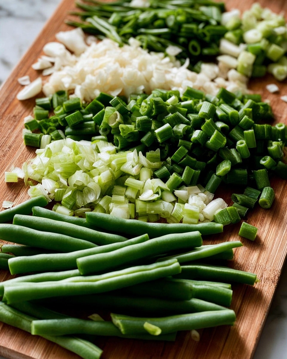 The image shows a wooden cutting board with several chopped vegetables arranged in small groups. In the center and foreground, there are bright green chopped green beans cut into small sections with smooth edges. Below them, light green pieces of sliced spring onions are scattered with white bases and green tops. In the top section, chopped white garlic and green onion slices are visible, both finely diced and resting neatly on the board. The background is a white marbled texture. photo taken with an iphone --ar 4:5 --v 7