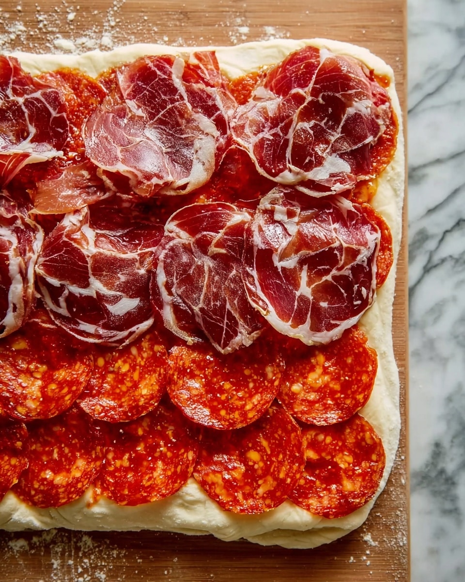 The image shows a roll sliced into pieces and lined up on a white marbled surface. Each slice reveals three visible layers: a golden brown bread crust on the outside with a slightly rough texture, a middle layer of melted white cheese with a stretchy, smooth look, and an inner layer of thin, sliced reddish-pink pepperoni with a slightly shiny, oily texture. The melted cheese stretches slightly between slices, and there are small black pepper specks sprinkled on top of the bread. The photo taken with an iphone --ar 4:5 --v 7