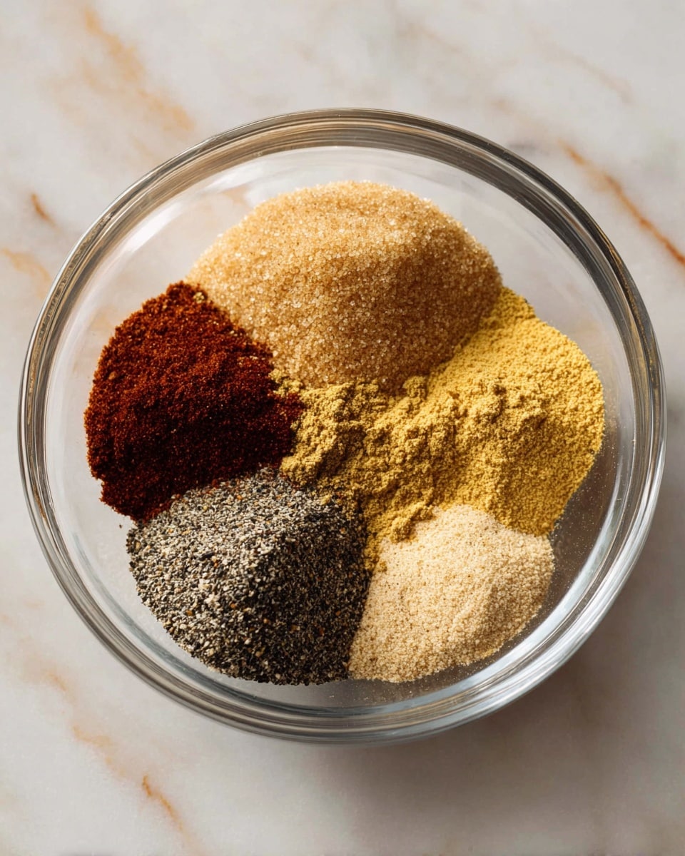 A clear glass bowl sits on a white marbled surface, holding five separate piles of spices arranged in a circular pattern. At the top, there is a light brown, fine sugar texture. To the left is a dark reddish-brown powder, with a smooth, fine texture. Below that, a medium yellow powder shows a slightly grainy texture. Next, at the bottom right, is a greyish-black pile with a coarse, peppery look. To the right, there is a light beige, grainy powder. The spices fill the bowl but do not mix, showing clear color differences between each pile. photo taken with an iphone --ar 4:5 --v 7
