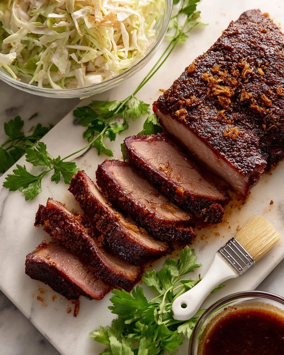 The image shows a sliced piece of cooked beef with a dark brown, slightly crispy outer layer and tender, moist inside in shades of brown, arranged in a shallow fan shape on a white chopping board with a handle on the left side. The larger unsliced cooked beef portion sits at the top right corner of the board with a similar dark brown crispy crust. There is some juice pooling around the sliced meat. Fresh green parsley bunches are placed near the top left and right edges of the board, adding a pop of color. A glass bowl with a creamy, light-colored sauce is partially visible in the background. The surface is a white marbled texture photo taken with an iphone --ar 4:5 --v 7