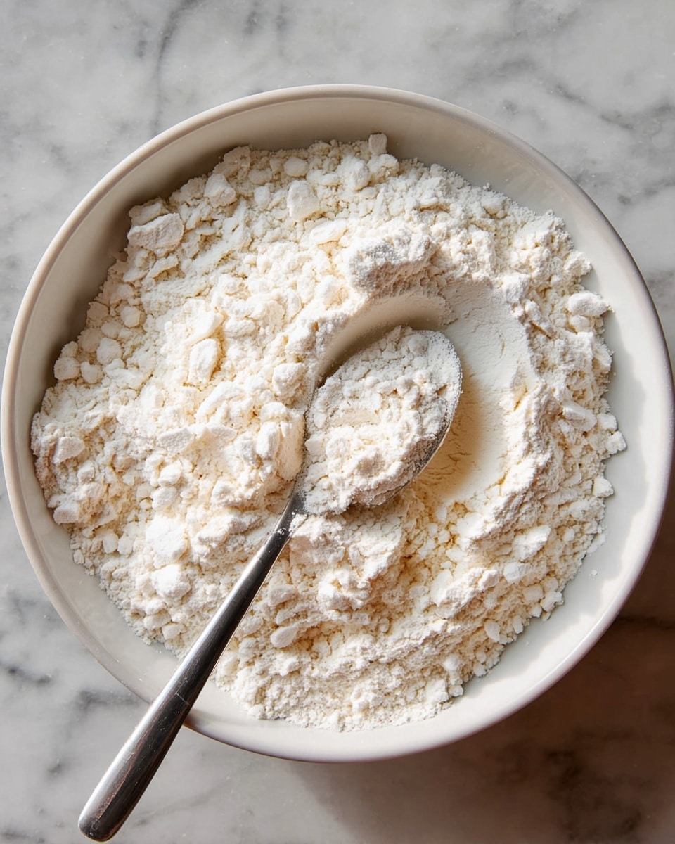 A white bowl filled with a thick, powdery white flour-like substance with uneven small clumps and a smooth spoon scoop, a silver spoon resting inside on the right side partially buried. The bowl sits on a white marbled surface. photo taken with an iphone --ar 4:5 --v 7