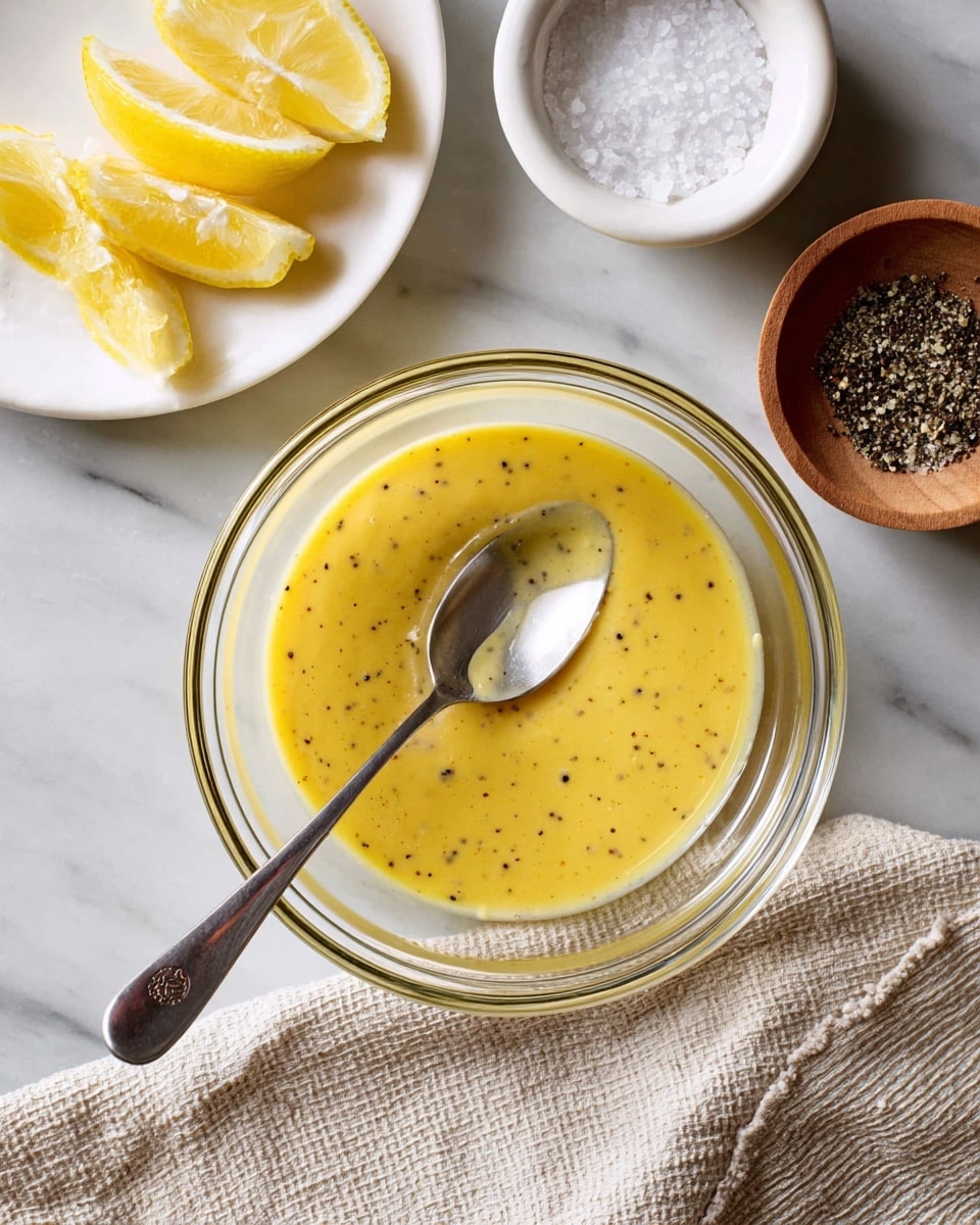 A clear glass jar is filled with a smooth, pale yellow sauce that has a creamy texture with small black specks. Above the jar, a silver spoon holds some sauce that is dripping slowly into the jar. In the blurry background, a white bowl with a mixed green salad featuring bits of red is visible. The whole setup is on a white marbled surface, with a soft beige cloth partially visible on the right side. Photo taken with an iphone --ar 4:5 --v 7