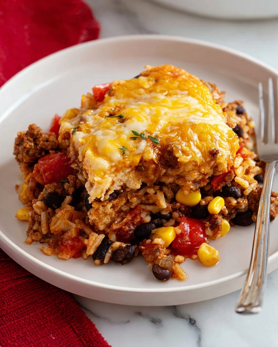 This image shows a close-up of a white round dish filled with a layered casserole. The bottom layer has soft yellow corn kernels mixed with black beans and brown ground meat with bits of red tomato and white onion visible. Over this, there is a thick layer of melted, golden-orange cheese covering the top unevenly. A wooden spoon rests inside the dish, scooping out a portion of the casserole, showing the mixed filling beneath the cheesy top. The dish is placed on a white marbled surface. photo taken with an iphone --ar 4:5 --v 7