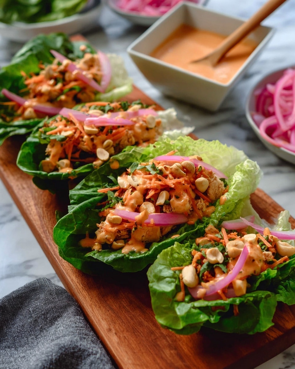 Four small lettuce cups are arranged on a wooden board. Each cup has layers starting with bright green crisp lettuce, then orange shredded carrots, and small pieces of cooked golden brown cauliflower. On top, there are thin slices of pink pickled onions, chopped peanuts, and green cilantro leaves. The cups are drizzled with a light orange creamy sauce. In the upper left corner, part of a white bowl with more pink pickled onions is visible, and some cilantro leaves and sauce drops are scattered on a white marbled surface around the board. Photo taken with an iphone --ar 4:5 --v 7
