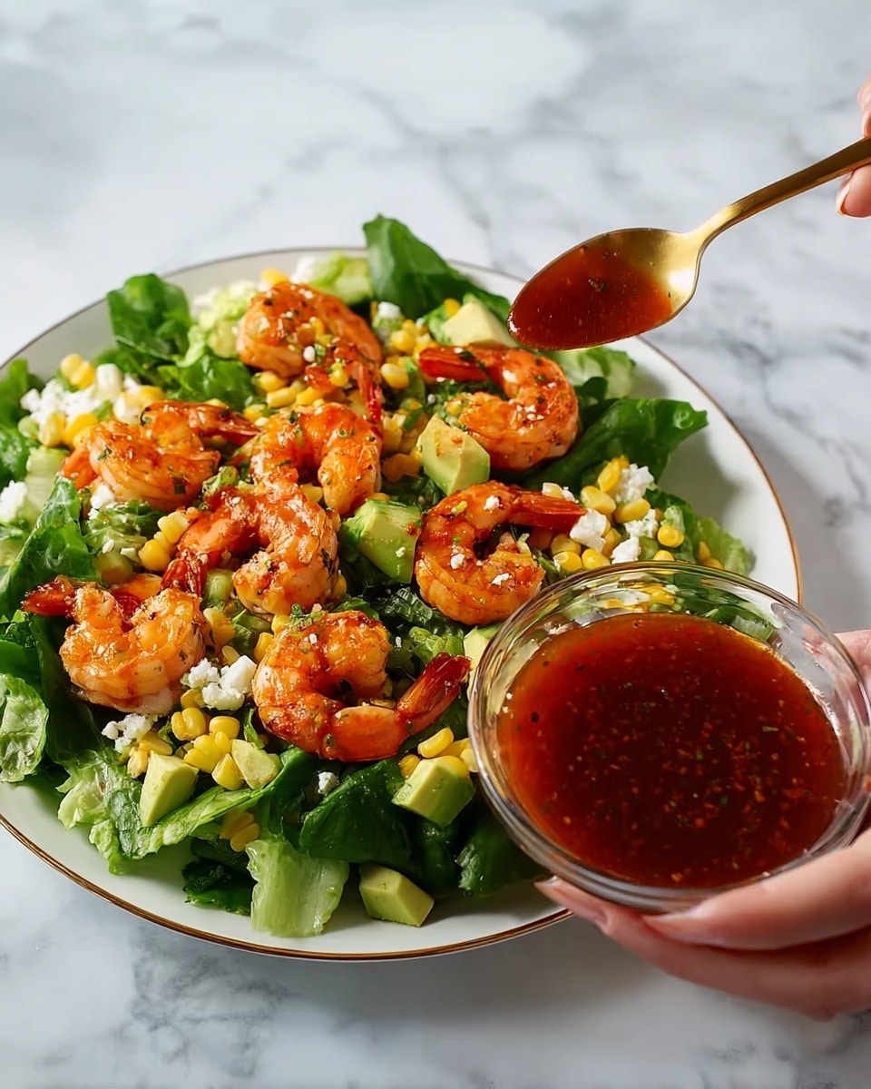 A white plate sits on a white marbled surface, filled with a fresh salad base of green lettuce leaves. On top, there are several bright orange cooked shrimp arranged evenly. Around the shrimp, small pieces of yellow corn and diced avocado add more color. A woman's hand holds a clear glass bowl filled with red sauce, while another woman's hand uses a spoon to pour the sauce over the shrimp. Bright greens, oranges, and yellows create a colorful and fresh look, with shiny sauce adding a wet texture. photo taken with an iphone --ar 4:5 --v 7